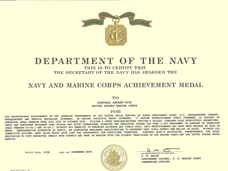 navy achievement medal citation format
